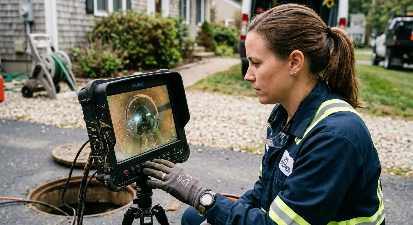 Technician reviewing sewer camera inspection footage in Lakeside
