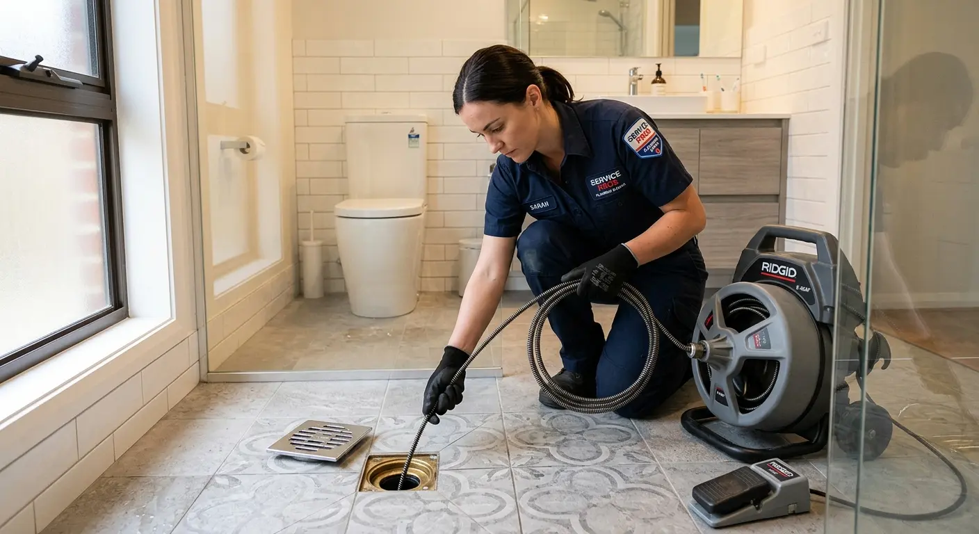 Technician clearing a bathroom floor drain for Sewer Line Replacement in Lakeside